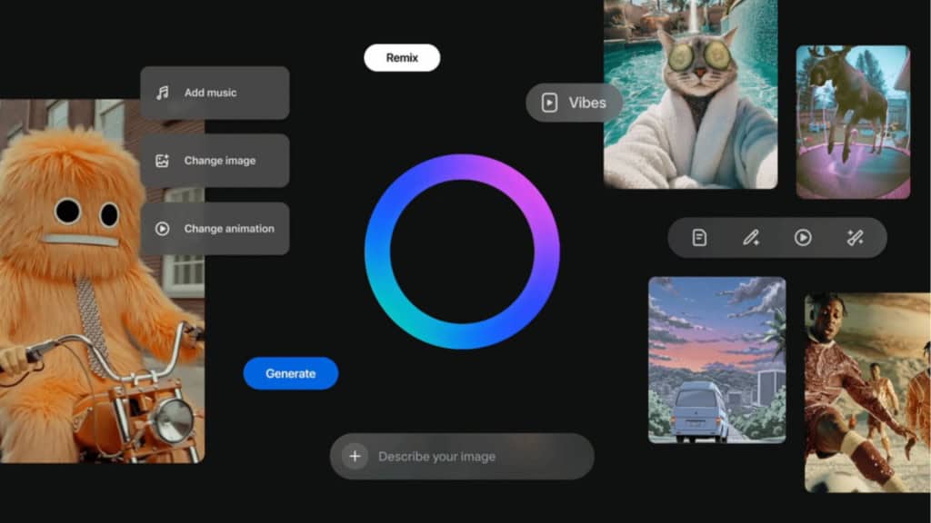 Por dentro do Vibes da Meta: como funciona o novo feed de IA no estilo TikTok A Meta lançou nesta semana o Vibes, um feed de vídeos curtos gerados por inteligência artificial (IA) dentro do aplicativo Meta AI e no site “meta.ai”. Segundo a empresa, a ideia é permitir que usuários criem conteúdos do zero ou remixem produções já existentes, adicionando música, imagens e estilos antes de compartilhar nas próprias plataformas da Meta, como Instagram e Facebook. Montagem mostrando vídeos gerados por IA apresentados no novo feed da Meta chamado Vibes