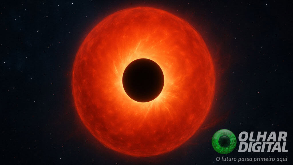 Os misteriosos pontos vermelhos que podem ser ‘estrelas de buraco negro’ Astrônomos identificaram no céu objetos tão estranhos que os apelidaram de “quebradores do Universo”. Observados pelo telescópio James Webb, eles aparecem como pequenos pontos vermelhos no espaço profundo e, por um tempo, foram confundidos com galáxias gigantes formadas bem cedo no cosmos. Ilustração de uma das estrelas de buraco negro existentes no espaço