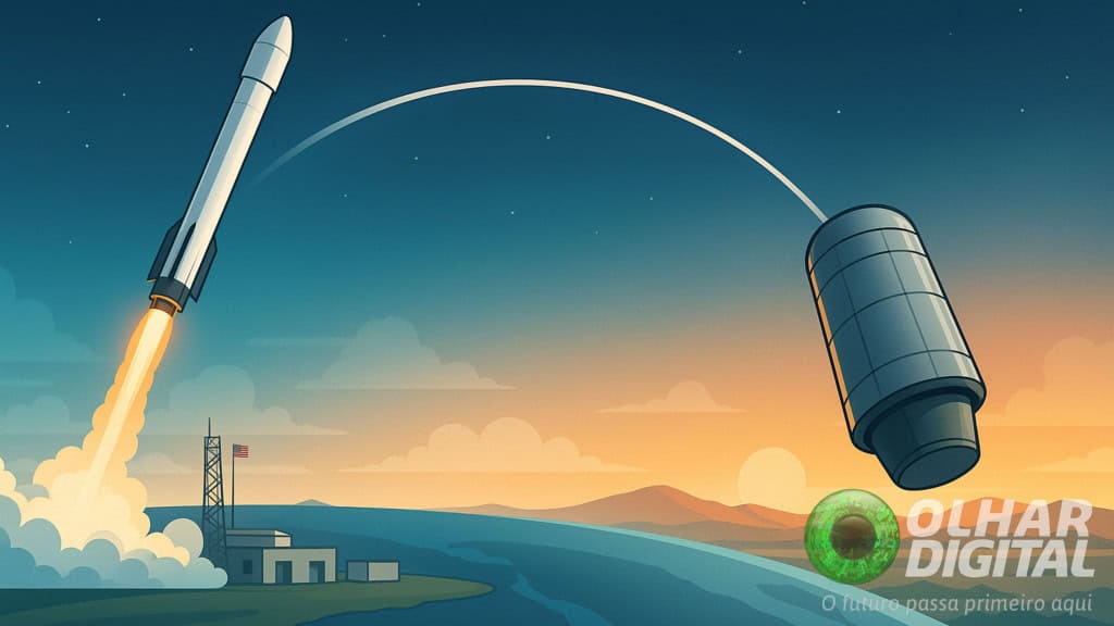 Blue Origin e Anduril entram em projeto dos EUA de ‘fretes’ em foguetes A Força Aérea dos Estados Unidos selecionou a Blue Origin e a Anduril Industries para novos contratos de estudo num projeto ambicioso: usar foguetes para o “frete” de cargas militares a qualquer ponto do planeta em menos de uma hora. Ilustração de um dos foguetes dos Estados Unidos fazendo um dos fretes
