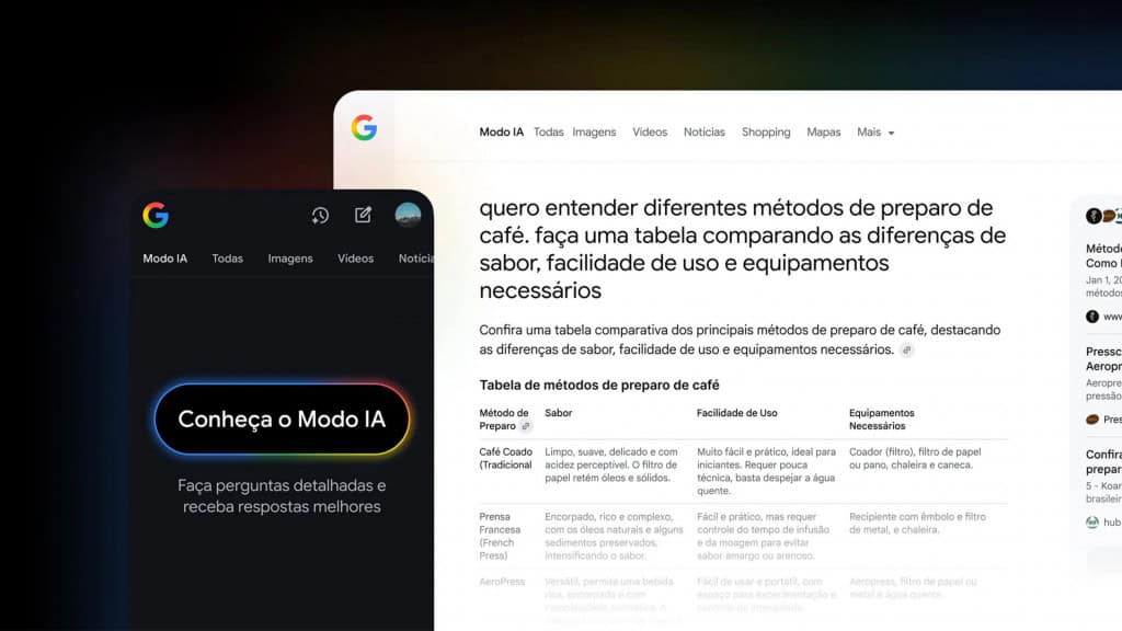 Montagem mostrando Modo IA da Busca do Google numa página da web e num celular