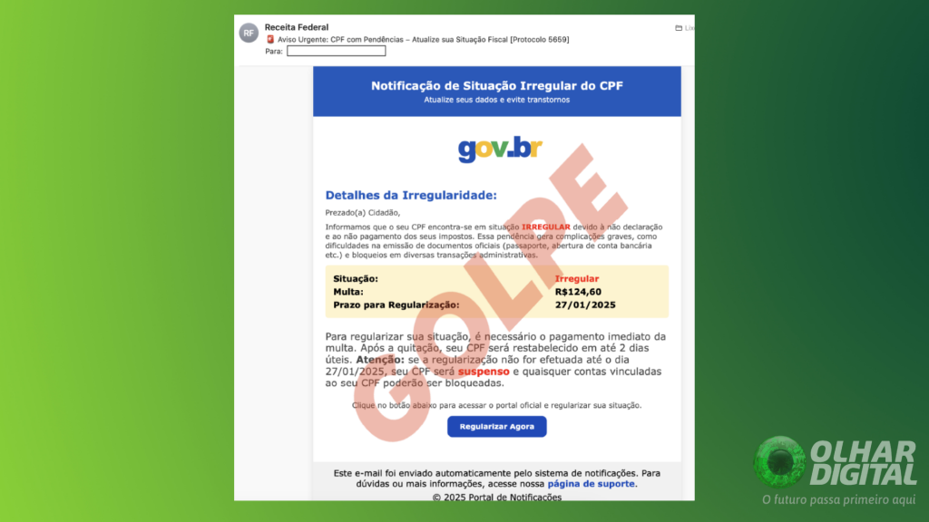 Captura de tela mostrando mensagem fraudulenta, com identidade visual emulada do Governo Federal