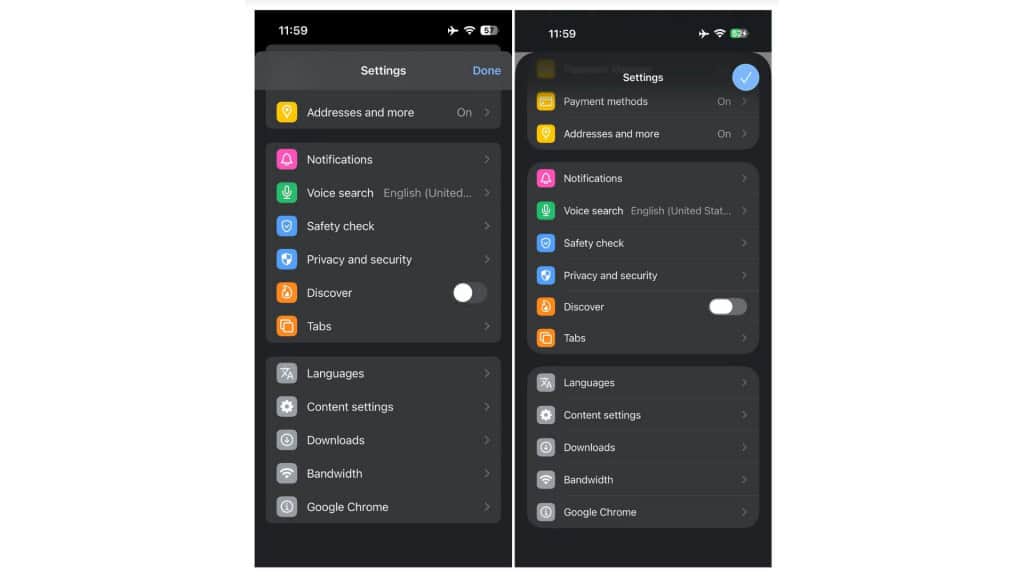 Chrome é o primeiro aplicativo do Google a ter ‘botões de vidro’ do iOS 26 O Liquid Glass entrou no Chrome para iPhone e iPad com iOS 26 e iPadOS 26 instalados. Após atualização, partes que parecem de vidro – a nova estética dos sistemas operacionais da Apple – apareceram na interface do navegador do Google. Captura de tela comparando tela de configurações no Google Chrome antes e depois do navegador incorporar o Liquid Glass do iOS 26