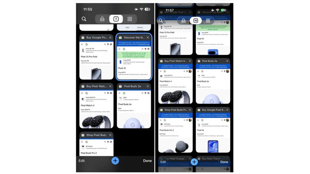 Chrome é o primeiro aplicativo do Google a ter ‘botões de vidro’ do iOS 26 O Liquid Glass entrou no Chrome para iPhone e iPad com iOS 26 e iPadOS 26 instalados. Após atualização, partes que parecem de vidro – a nova estética dos sistemas operacionais da Apple – apareceram na interface do navegador do Google. Captura de tela comparando grade de abas no Google Chrome antes e depois do navegador incorporar o Liquid Glass do iOS 26