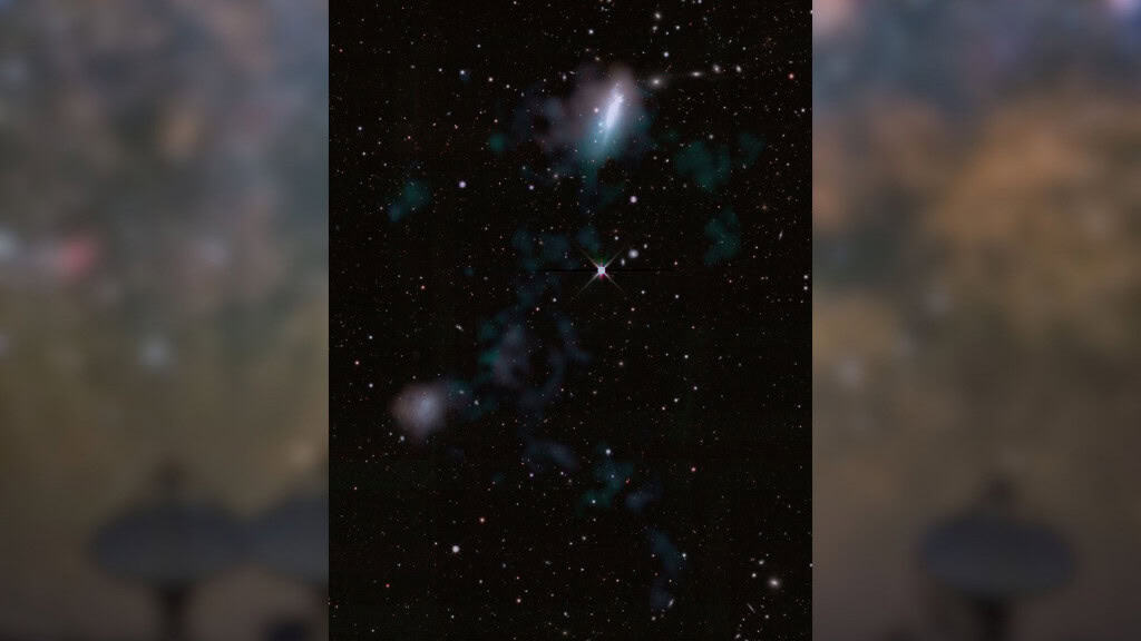 Ponte cósmica entre galáxias ajuda a explicar como estrelas se formam Astrônomos identificaram uma ponte colossal de gás entre duas galáxias anãs: NGC 4532 e DDO 137, localizadas a 53 milhões de anos-luz da Terra. A estrutura mede aproximadamente 185 mil anos-luz e se conecta a uma cauda de gás ainda maior, com 1,6 milhão de anos-luz de extensão – a mais longa já observada no Universo. Uma imagem da emissão difusa de hidrogênio vista pelo ASKAP sobreposta a uma imagem óptica da região