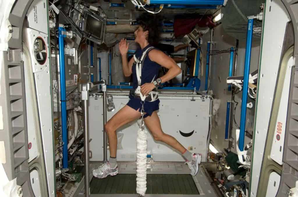 A astronauta da NASA Sunita Williams, engenheira de voo da Expedição 32, equipada com um cinto elástico, se exercita na Esteira de Resistência Externa com Suporte de Carga Operacional Combinada (COLBERT) no nó Tranquility da Estação Espacial Internacional.