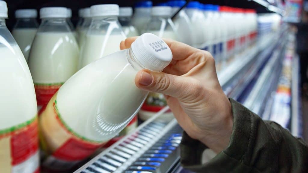 Beber leite cru é perigoso? Saiba o que dizem os especialistas Na busca por consumir alimentos de maneira cada vez mais natural, uma cena idílica se forma no imaginário: um vasto campo, a vaca sendo ordenhada e a caneca de leite fresco na mão. A imagem, digna de livros e filmes, por mais natural que pareça, pode fazer mal à saúde. Mão segurando garrafa de leite e verificando validade no supermercado