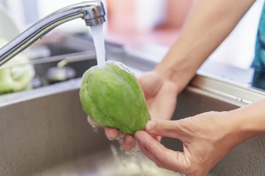 Aprendemos errado? Conheça 12 legumes que, na verdade, são frutos Desde cedo, aprendemos a diferenciar frutas e legumes de forma simples, onde as frutas seriam as partes doces consumidas como sobremesa e os legumes, os alimentos presentes em pratos salgados, como saladas, sopas e refogados. Mulher lavando chuchu em torneira da cozinha