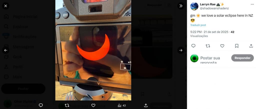 Veja as melhores imagens do último eclipse de 2025 Se você não conseguiu acompanhar o último eclipse do ano, não tem problema: reunimos as principais imagens do eclipse solar parcial que aconteceu neste domingo (21). O fenômeno encerrou a temporada de quatro eclipses em 2025 e, como sempre, chamou a atenção de astrônomos e apaixonados por astronomia ao redor do mundo. Veja as melhores imagens do último eclipse de 2025