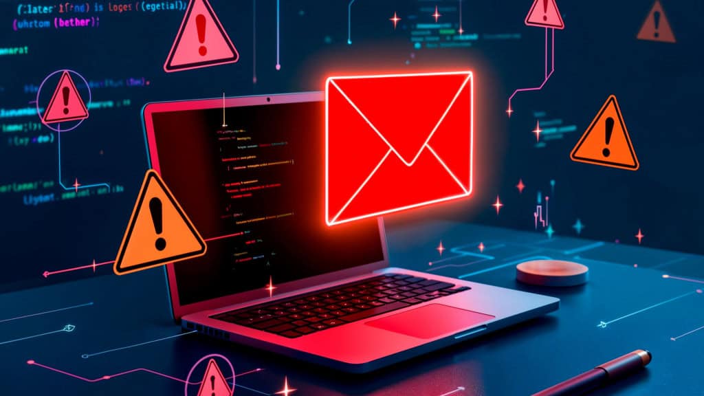 Por que o Brasil é alvo de tantos ataques cibernéticos? Google revela motivos Talvez você já tenha sentido na pele ou escutado algum amigo contando sobre uma tentativa de golpe online. O Brasil está na mira dos hackers e, segundo dados do Google, é o país mais visado para ataques cibernéticos na América Latina. ilustração mostrando um notebook, com imagens de um envelope simbolizando um e-mail e diversos símbolos de alerta em volta