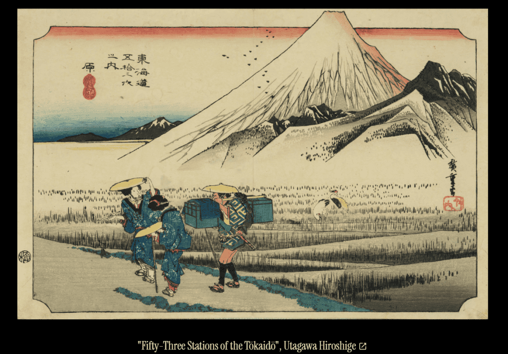 Pinturas de museu no Japão “se mexem” com IA do Google Imagine estar diante de uma obra-prima como “Cinquenta e Três Estações do Tōkaidō – Chuva Súbita em Shōno”, de Hiroshige, observando caminhantes na encosta de uma montanha sob a chuva. É uma cena que nos convida a simplesmente observar. Mas e se aquela pintura tivesse mais história para contar? E se a chuva em “Tōkaidō” de Hiroshige pudesse realmente cair? Ou as figuras na encosta pudessem continuar sua jornada? pintura japao a