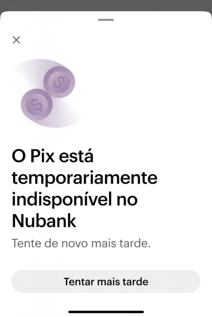Nubank e Pix apresentam instabilidade nesta sexta-feira (5) Bem no quinto dia útil! Clientes da Nubank relataram dificuldades para realizar transferências Pix nesta sexta-feira (5). Ao tentar realizar a transação no app do banco, aparece uma mensagem de sistema “temporariamente indisponível”. Nubank e Pix apresentam instabilidade nesta sexta-feira (5)