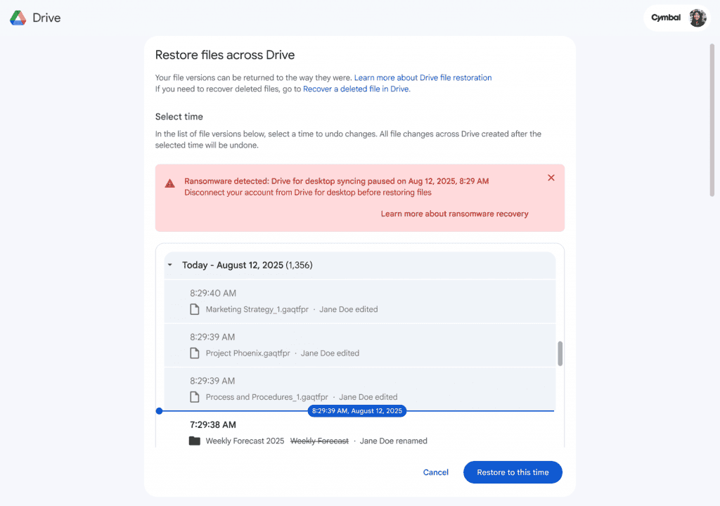 IA do Google vai combater ataques de ransomware no Drive O Google vai usar inteligência artificial de uma maneira inédita na segurança do Drive para desktop, disponível para Windows e macOS. A partir de agora, a tecnologia em versão beta fará parte da detecção de ransomware para interromper automaticamente a sincronização de arquivos. A restauração de documentos também ficará mais fácil, prometeu a empresa. restora drive
