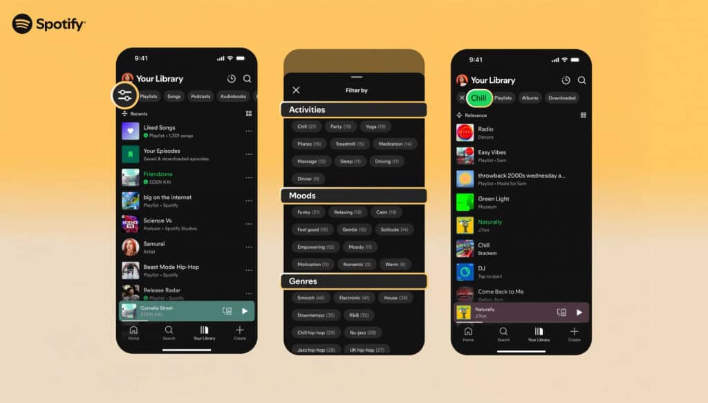 Spotify lança filtros inteligentes para turbinar sua biblioteca O Spotify anunciou um novo recurso que permite filtrar a biblioteca por atividades, estados de espírito ou gêneros musicais, facilitando a busca por playlists, podcasts e até audiolivros. Os filtros também podem ser usados para iniciar sessões com o DJ de IA da plataforma. Spotify lança filtros inteligentes para turbinar sua biblioteca