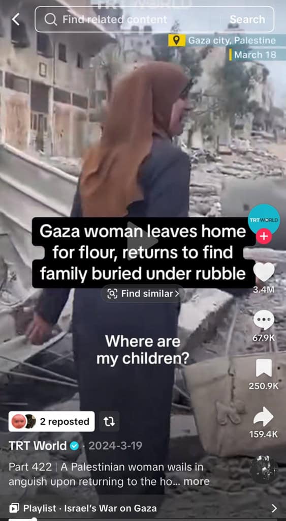 TikTok classifica vídeo de tragédia em Gaza como produto na TikTok Shop O vídeo de uma emissora turca publicado no TikTok foi alvo de polêmica na rede social. O conteúdo mostra uma mulher palestina chorando ao voltar para a casa em escombros e não encontrar a família. Em determinado momento, a plataforma mostra o recurso do TikTok Shop de “encontrar semelhantes”, redirecionando para peças de roupa semelhantes às da moça. TikTok classifica vídeo de tragédia em Gaza como produto na TikTok Shop