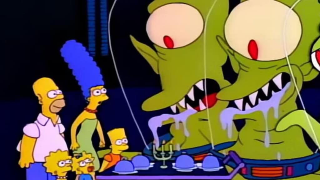 Simpson family in front of Kang and Kodos