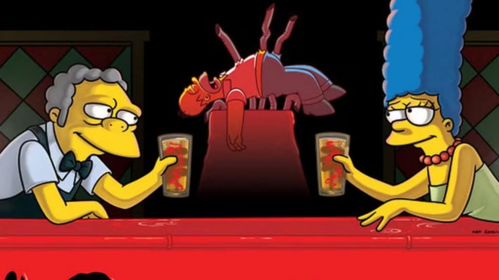 Marge and Moe drink beer made by Homer, who is impaled in the background