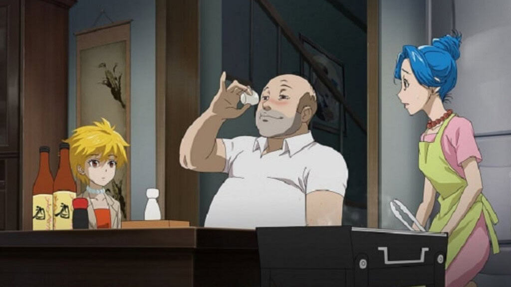 Lisa, Marge and Homer in an anime-style animation