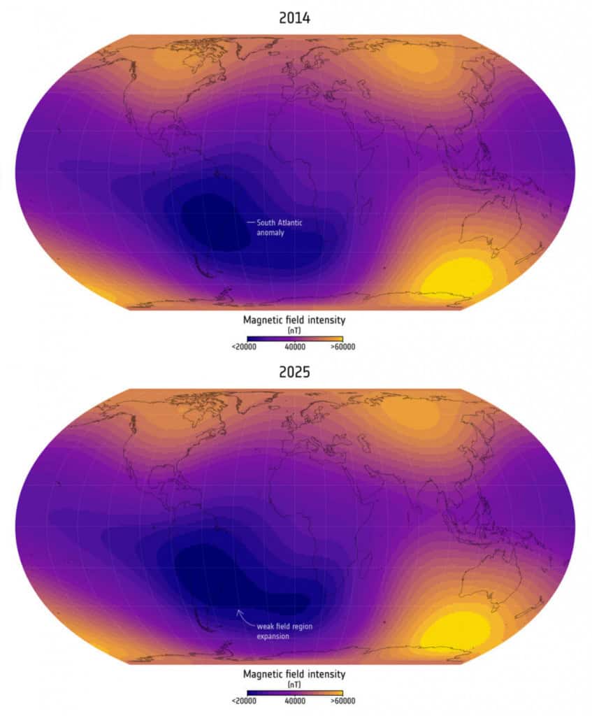 Anomalia no campo magnético da Terra cresce e enfraquece Um estudo publicado este mês na revista Physics of the Earth and Planetary Interiors confirma que a Anomalia do Atlântico Sul (SAA) – área de campo magnético mais fraco entre a América do Sul e a África – continua a se expandir e enfraquecer. Anomalia no campo magnético da Terra cresce e enfraquece