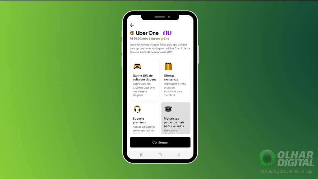 Como ter Uber One de graça usando Nubank Na terça-feira, 14, o Nubank e a Uber lançaram uma campanha que proporciona seis meses de assinatura gratuita o programa Uber One para quem é cliente do banco digital. Você quer saber como usufruir desta promoção? Continue a leitura, pois, nas próximas linhas, o Olhar Digital traz tudo o que você precisa saber para obter esse benefício. Uber One e Nubank