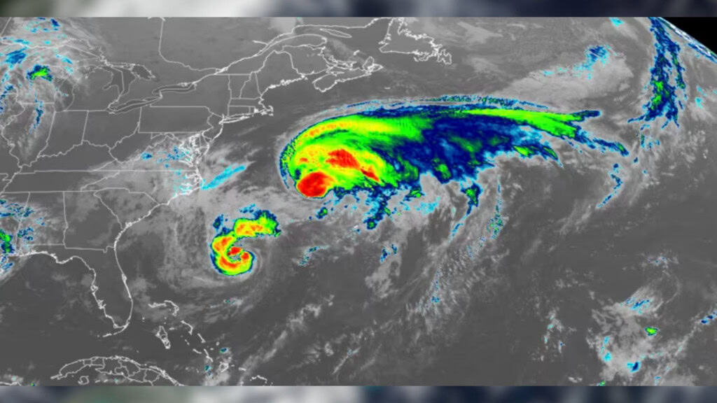 A ‘dança’ dos furacões: Imelda e Humberto giram lado a lado no Atlântico Dois furacões no Atlântico “dançam” num fenômeno raro da meteorologia. Chamado de efeito Fujiwhara, ele acontece quando dois ciclones tropicais ficam tão próximos que passam a interagir entre si, girando em torno de um ponto comum. Imagem de satélite da "dança" entre os furacões Imelda e Humberto no Atlântico