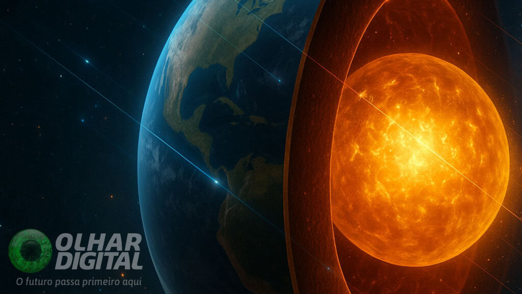 Núcleo da Terra vira pista sobre o mistério da matéria escura em novo estudo Inferno escuro. Esse foi o apelido dado por cientistas a um cenário no qual partículas de matéria escura se acumulavam no centro da Terra e liberavam calor suficiente para derreter parte do núcleo. A hipótese faz parte de uma pesquisa publicada nesta semana. Ela propõe usar o próprio planeta como um detector natural dessas partículas — cuja existência ainda é um dos maiores mistérios da física moderna. Ilustração de planeta Terra cortado no meio mostrando núcleo da Terra e partículas de matéria escura
