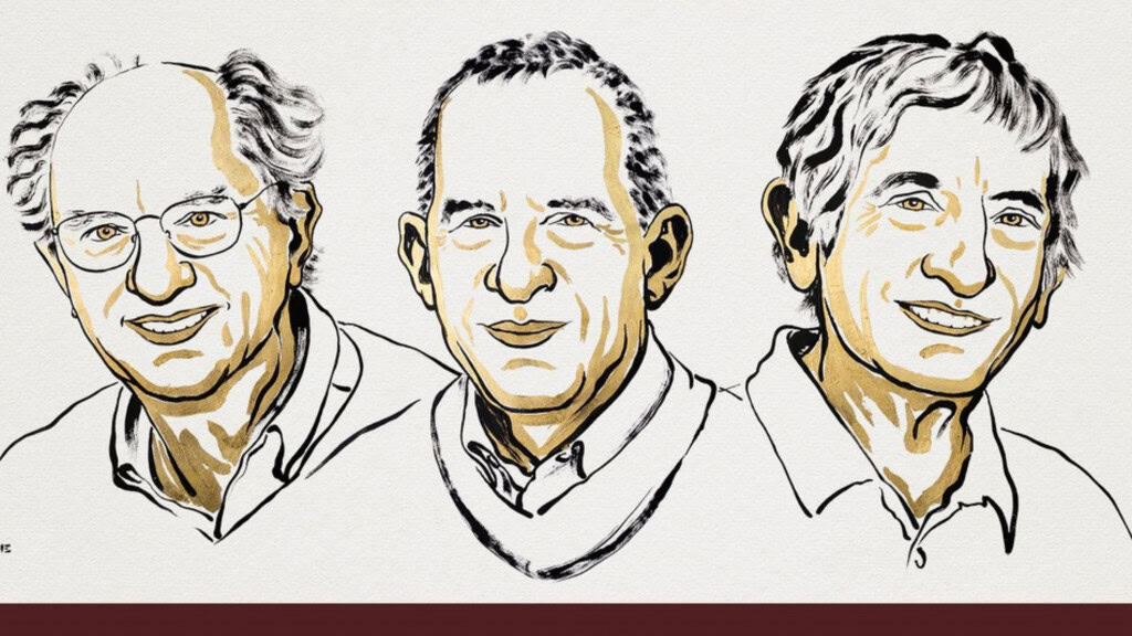 Ilustração de retratos de John Clarke, Michael H. Devoret e John M. Martinis, vencedores do Prêmio Nobel de Física de 2025