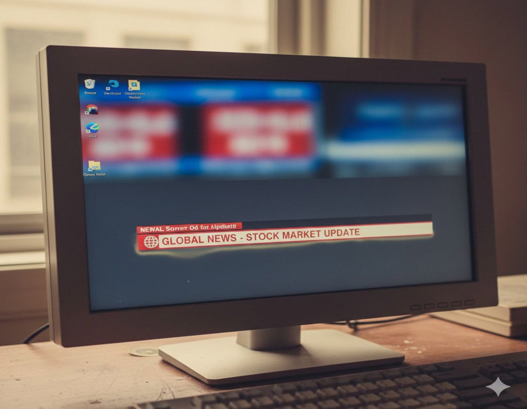 10 mitos sobre monitor OLED que você ainda acredita Se você está no mercado a procura de um novo monitor, é provável que já tenha se deparado com uma tela OLED e, junto a ela, está uma série de mitos sobre monitor OLED que podem fazer você hesitar na hora da compra. Imagem de IA para representar um monitor OLED de primeira geração, exibindo uma imagem de um elemento estático (ticker de notícias)