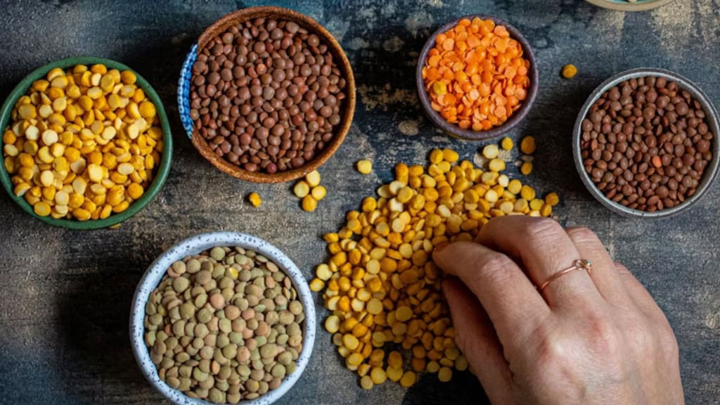 Diferentes tipos de lentilha em cinco cumbucas