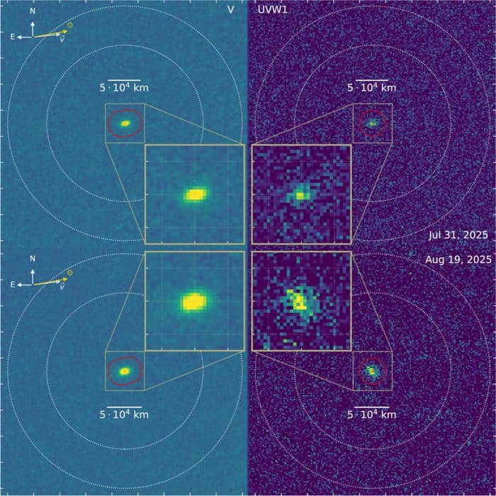Visitante interestelar perde água e pode mudar o que sabemos sobre sistemas estelares alienígenas Num feito astronômico extraordinário, cientistas detectaram pela primeira vez sinais de água num cometa interestelar, desvendando segredos químicos de um sistema planetário alienígena. O objeto, batizado de 3I/ATLAS – apenas o terceiro cometa interestelar já identificado – carrega consigo uma impressão digital química que os astrônomos aguardavam há anos: a assinatura ultravioleta do gás hidroxila (OH), um subproduto direto da presença de água. Visitante interestelar perde água e pode mudar o que sabemos sobre sistemas estelares alienígenas