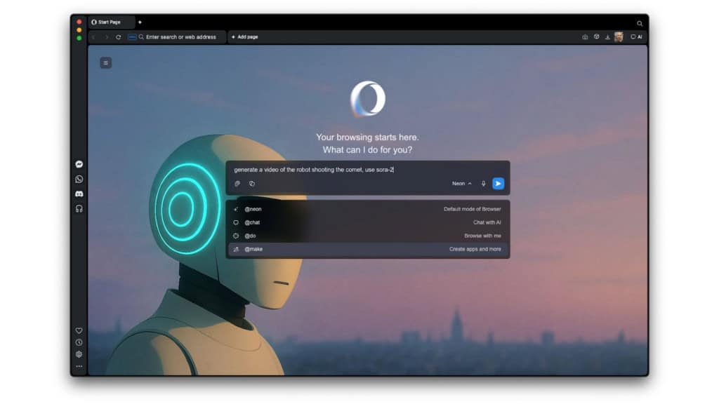 Opera Neon deixa você usar melhor IA da OpenAI para gerar vídeos no navegador O Neon, navegador mais recente da Opera, ganhou um recurso nesta terça-feira (07) que promete chamar atenção: gerar vídeos direto no browser por meio do Sora 2, modelo da OpenAI. O usuário digita sua ideia e recebe um clipe pronto para compartilhar por link, sem precisar sair da aba. Janela do Opera Neon com barra na qual usuário escolhe comando para gerar vídeos usando Sora 2 da OpenAI