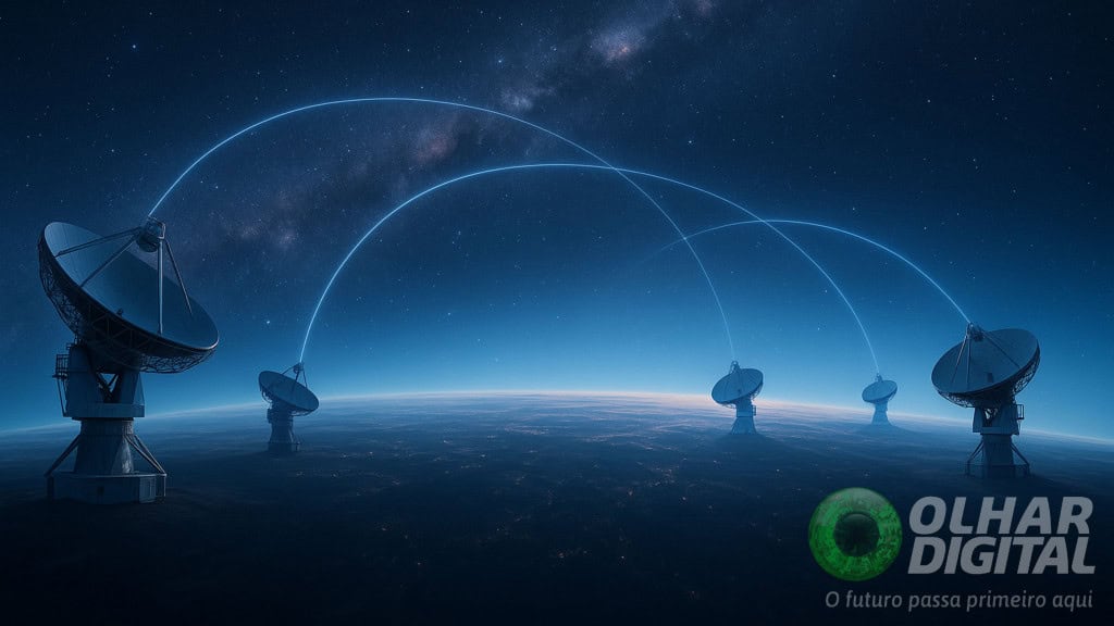 Ilustração de rede de radiotelescópios gigantes espalhados pelo planeta Terra