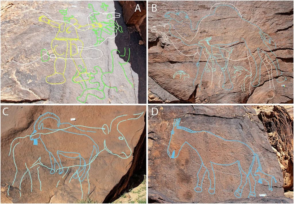 Artes rupestres de 12 mil anos indicavam rotas no deserto Nas rochas do deserto de Nefud, na Arábia Saudita, dezenas de pinturas rupestres intrigam pesquisadores. Datadas de cerca de 11,4 a 12,8 mil anos atrás, algumas dessas artes chegam a dois metros de altura e revelam caminhos para encontrar água na região desértica. Artes rupestres de 12 mil anos indicavam rotas no deserto