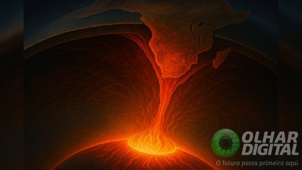 Explicação para anomalia gravitacional pode estar nas profundezas da Terra Um par de satélites da NASA registrou um sinal gravitacional estranho sobre o Atlântico há quase 20 anos. O fenômeno, que durou cerca de dois anos e se estendia por milhares de quilômetros, intrigou os cientistas. Ele não vinha de oceanos, marés ou da atmosfera. Mas parecia surgir do interior da Terra. Ilustração de transformação ocorrendo nas profundezas do planeta Terra