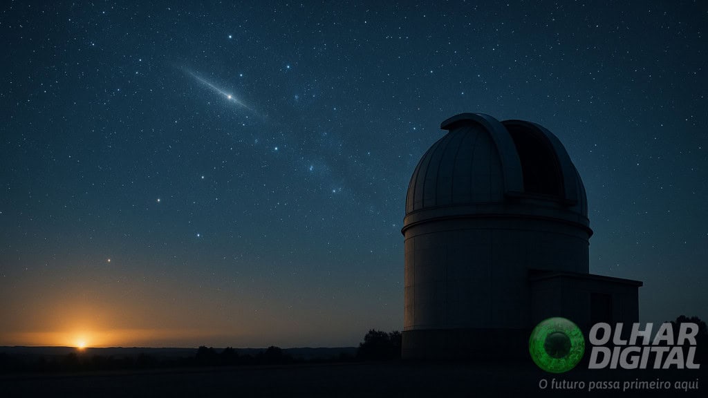 Cena noturna de observatório astronômico olhando para o céu nos anos 1950, com o horizonte iluminado por um leve brilho atômico distante