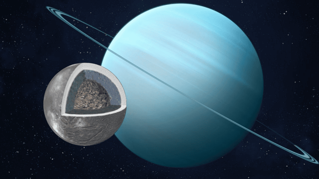 Lua congelada de Urano pode ter abrigado um vasto oceano Um novo estudou revelou que Ariel, uma das luas congeladas de Urano, pode ter abrigado um gigante oceano de mais de 170 quilômetros de profundidade. Pesquisadores acreditam que essa pesquisa poderá ajudar uma futura missão da NASA para o gigante gasoso. As descobertas serão publicadas na edição de janeiro da revista científica Icarus, mas já estão disponíveis online. Lua congelada de Urano pode ter abrigado um vasto oceano