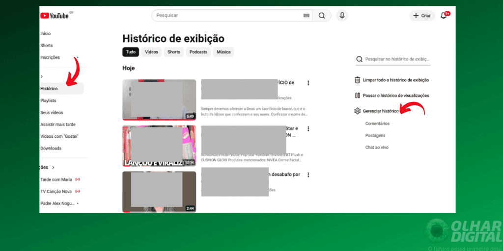 Veja como ‘consertar’ as recomendações de vídeos no YouTube Você já abriu o YouTube esperando encontrar conteúdos interessantes e se deparou com uma página inicial cheia de recomendações e anúncios que não tinham nada a ver com você? Esta é uma queixa comum, mas saiba que, com as dicas certas, você não precisa conviver com um feed com vídeos desinteressantes. Captura de tela de como gerenciar histórico no YouTube