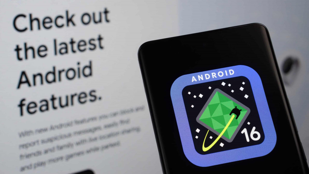 O logotipo do Android 16 é exibido em uma tela de smartphone