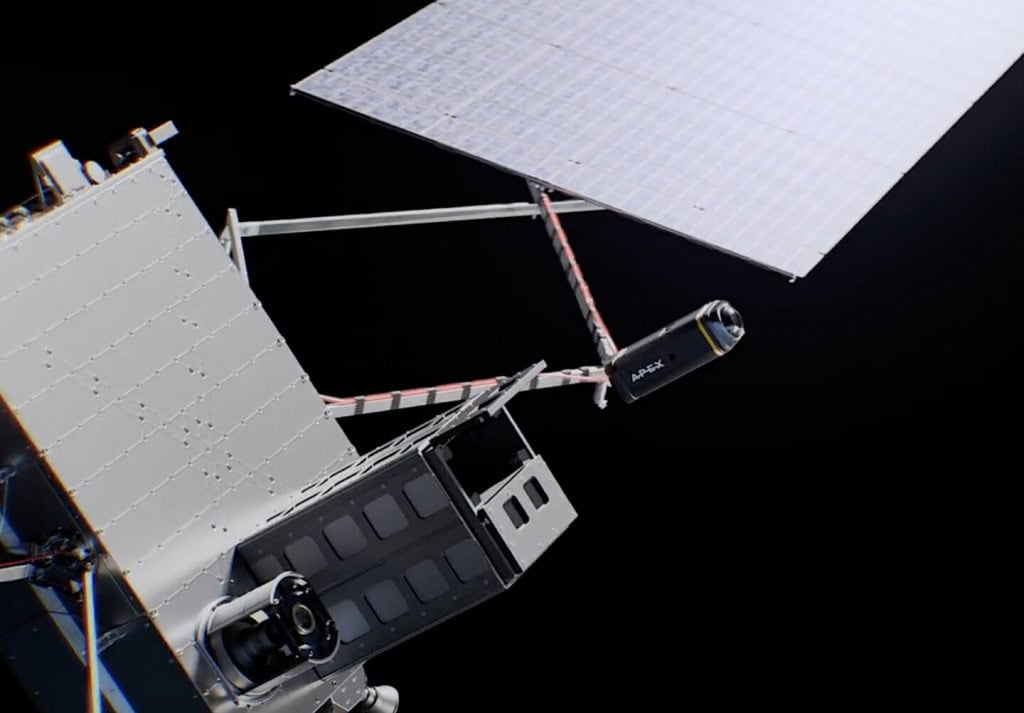 Animação mostrando um interceptador espacial sendo implantado a partir de um carregador orbital