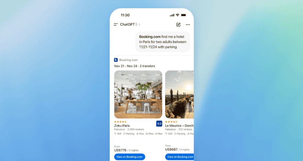Booking, Canva… agora você pode interagir com aplicativos pelo ChatGPT A partir de agora, usuários do ChatGPT podem interagir com diversos aplicativos de terceiros pelo chatbot. A novidade está disponível nos planos Free, Go, Plus e Pro, com exceção da União Europeia, onde a atualização será feita em breve. Neste momento, os aplicativos que podem ser acessados pelo ChatGPT são Booking.com, Canva, Coursera, Figma, Expedia, Spotify e Zillow. Outras plataformas serão adicionadas no futuro. chatgpt booking