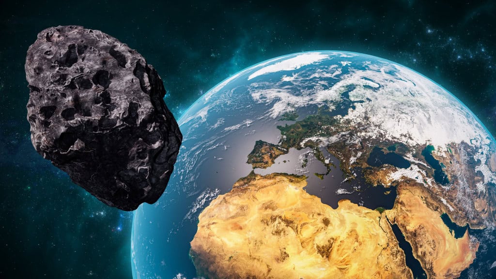 Grande asteroide passando próximo à Terra, ilustração 3D de espaço e astronomia