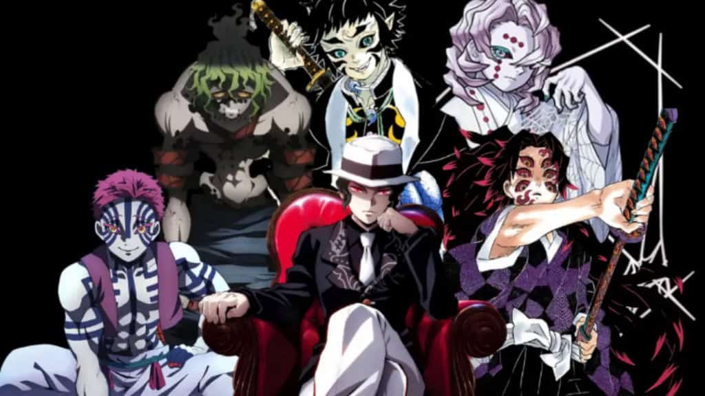 imagem com alguns demonios luas superiores e o personagem Muzan, de Demon Slayer