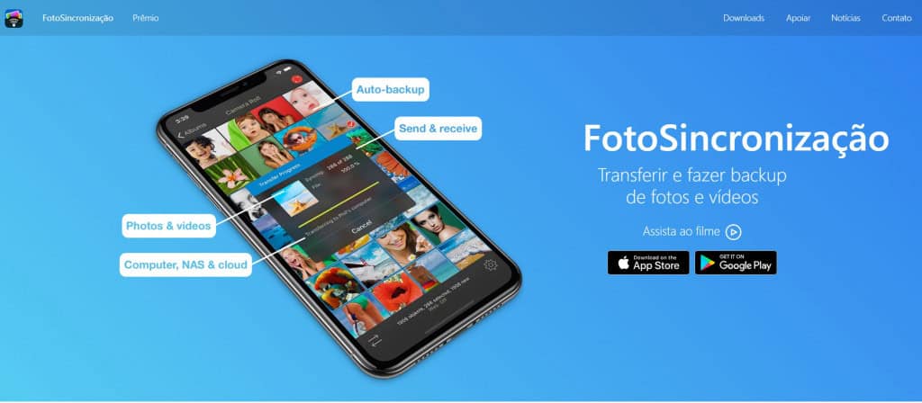 Tela inicial do site do app Fotosync