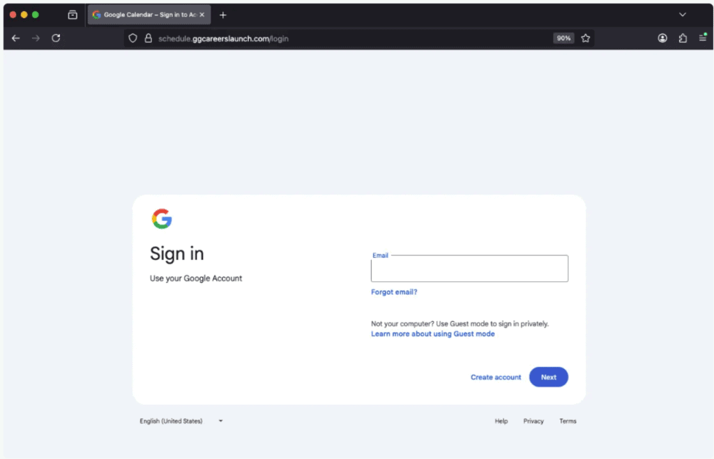 Golpe falsifica oferta de emprego do Google Careers para roubar dados Criminosos estão falsificando a página do Google Careers para roubar dados a partir de supostas entrevistas de emprego. Os golpistas enviam uma mensagem perguntando “você está aberto para conversar?”, imitando um e-mail de contato do Google Careers. Se o alvo clicar no link, será direcionado para uma página semelhante ao agendador de reuniões da plataforma. De lá, ele será direcionado para a página de phishing, onde as credenciais são roubadas. login falso