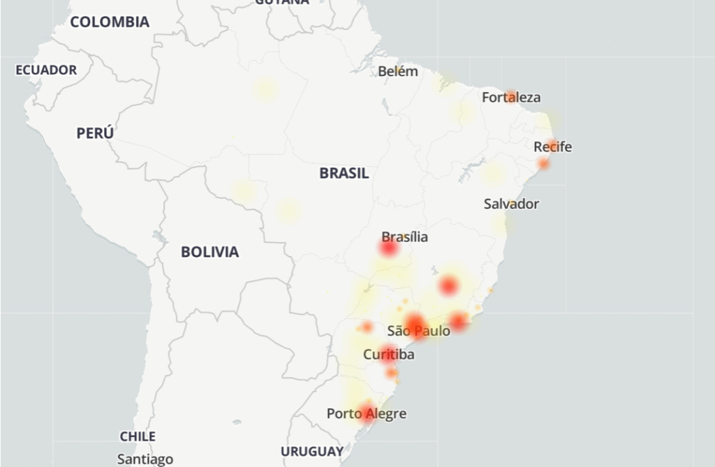 Caiu aí? Itaú apresenta instabilidade nesta segunda-feira (6) Na tarde desta segunda-feira (6), o aplicativo do Itaú está passando por problemas, segundo informações do Downdetector e de usuários do X. A maioria dos problemas acontece no ato do login no app. Mapa do Brasil mostrando onde há maior incidência de casos
