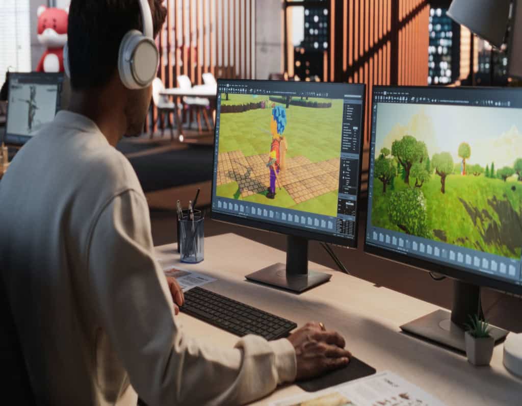 Imagem mostra homem designer de jogos usando computador desktop com software de modelagem 3D