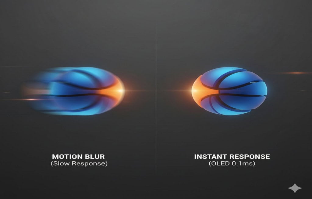 Imagem criada por IA para demonstrar em uma comparação visual o tempo de resposta da tela. De um lado, um objeto em movimento rápido (uma esfera digital ) é exibido com um efeito "fantasma" ou "desfoque de movimento" perceptível, sugerindo um tempo de resposta lento. Do outro lado, o mesmo objeto em movimento rápido aparece perfeitamente nítido e claro, sem qualquer desfoque ou efeito fantasma, indicando um tempo de resposta instantâneo