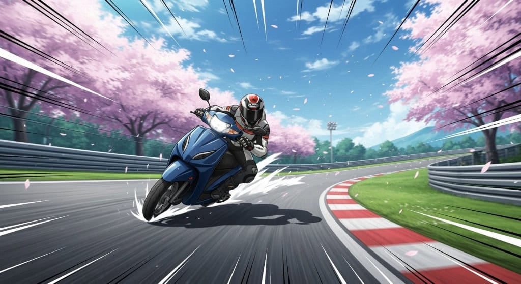 Uma cena de alta qualidade em estilo anime de uma pista de corrida em formato cinematográfico 16:9. Uma scooter Honda Activa percorre a pista curva em alta velocidade, pilotada por um motociclista com equipamento completo de proteção e capacete, inclinando-se agressivamente na curva. Linhas de velocidade dinâmicas em estilo anime