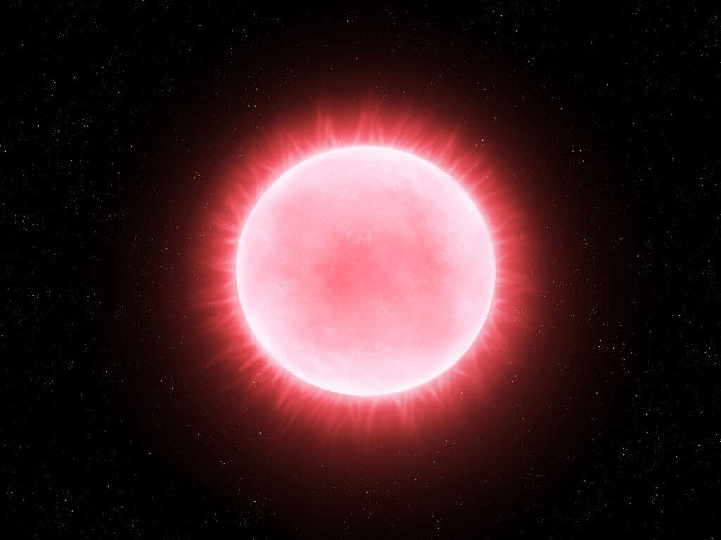 Proxima Centauri isolada em fundo preto. Estrela anã vermelha no espaço profundo. Ilustração 3D da superfície de um pequeno sol frio
