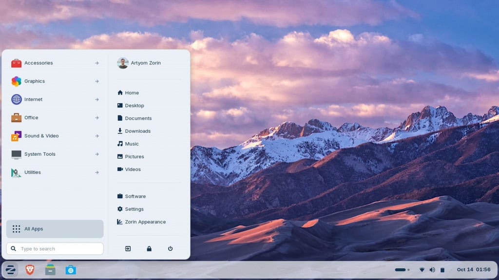 imagem mostra o desktop do Zorin OS com o menu de aplicativos aberto, destacando o layout limpo e o dock inferior