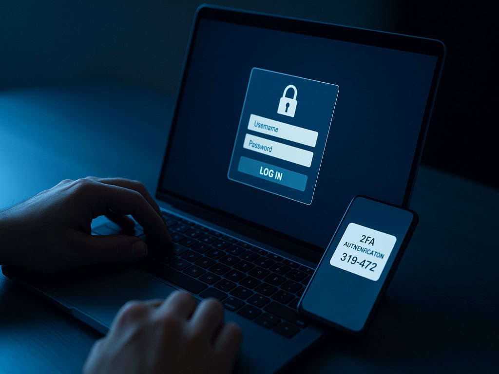 5 dicas para não cair em golpes com IA na Black Friday A proximidade da Black Friday traz não só ofertas tentadoras, mas também uma ameaça cada vez mais sofisticada, o golpe com IA na Black Friday. Pessoa digitando em laptop com tela de login exibindo campos de usuário e senha e ícone de cadeado, enquanto smartphone ao lado mostra código de autenticação de dois fatores (2FA), simbolizando segurança digital